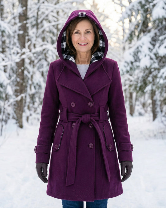 Olga | Wełniany płaszcz z kratkowanym kołnierzem